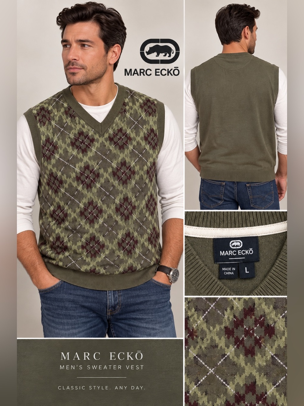 Marc Ecko Argyle Sweater Vest Size L Olive Brown Excellent condition